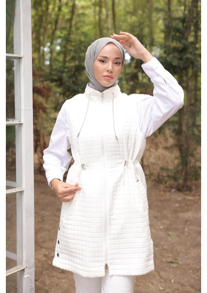 Fermuarlı Balıkçı Yaka Cepli Kolsuz Yelek - (38-46) - 71210 - Krem modelleri