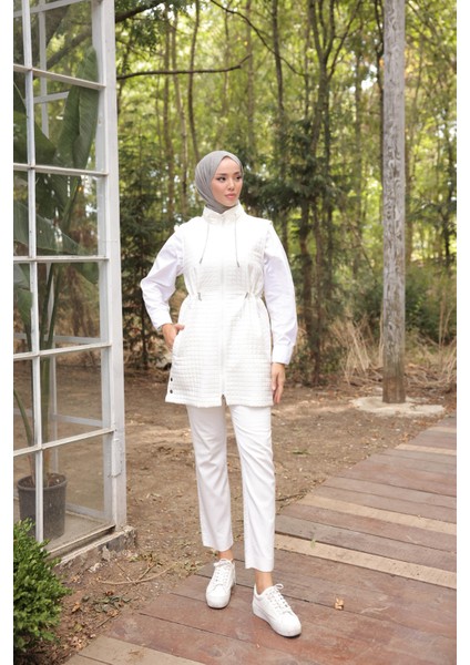 Fermuarlı Balıkçı Yaka Cepli Kolsuz Yelek - (38-46) - 71210 - Krem indirimleri