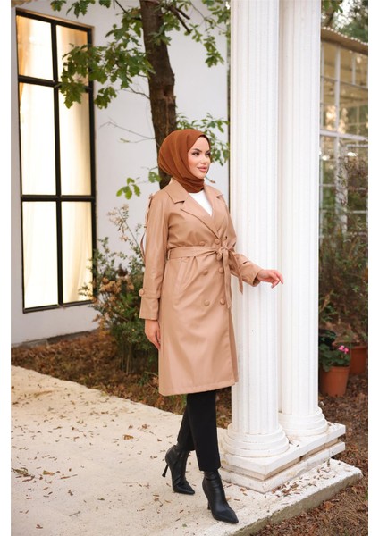 Kruvaze Yaka Cepli Belden Bağcıklı Deri Trençkot - 71212.003 - Siyah