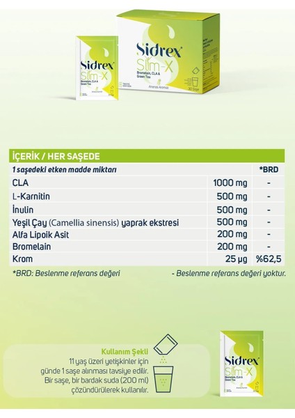 Sıdrex Slm-X Bromelain, Cla Ve Yeşilçay Ekstresi İçeren Takviye Edici Gıda 30 Saşe fiyatları