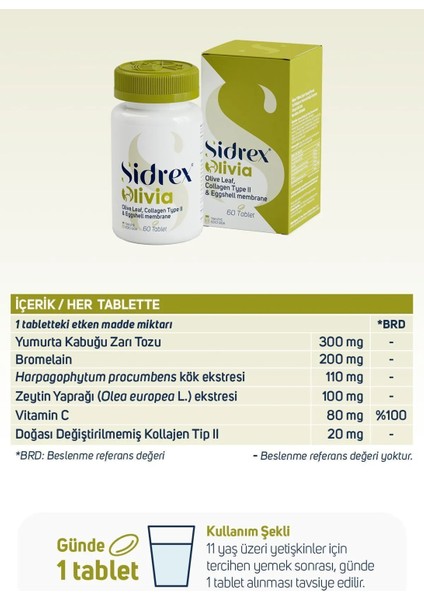 Sıdrex Olivia Zeytin Yaprağı Ekstresi Tip 2 Kolajen Yumurta Kabuğu Zarı İçeren Takviye Edici Gıda 60 Tablet indirimleri