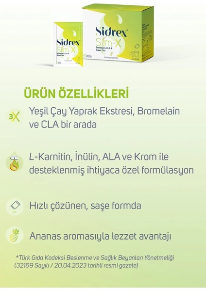Sıdrex Slm-X Bromelain, Cla Ve Yeşilçay Ekstresi İçeren Takviye Edici Gıda 30 Saşe indirimleri