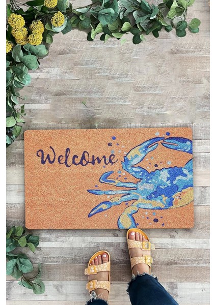 Mavi Yengeç Desenli Welcome Hoş Geldiniz Kapı Önü Paspası 45X70CM