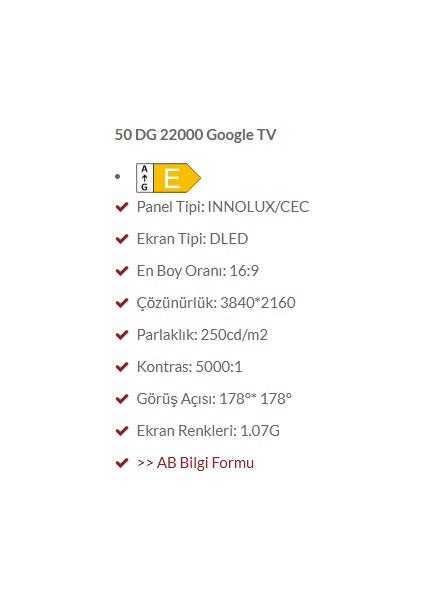 50DG22000 50" 126 Ekran Uydu Alıcılı 4K Ultra HD Smart Google LED TV