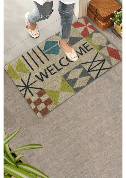 Rustik Geometrik Üçgen Çizgi Desenli Welcome Hoş Geldiniz Kapı Önü Paspası 45X70CM