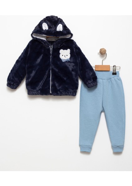 Unısex Bebek Atkılı Ayı Nakışlı Lacivert 6 Ay Peluş Hırka Pamuklu Şardonlu Jogger Takım FV-13334LAC06A