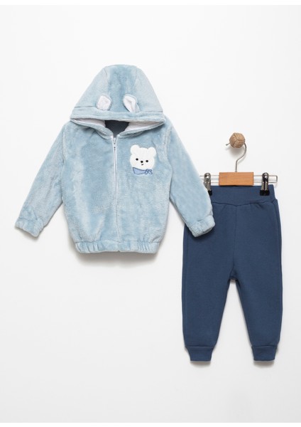Unısex Bebek Atkılı Ayı Nakışlı Lacivert 6 Ay Peluş Hırka Pamuklu Şardonlu Jogger Takım FV-13334LAC06A