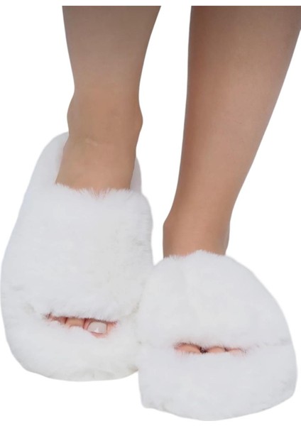 Ekstra Yumuşak Tüylü Kadın Terlik Beyaz