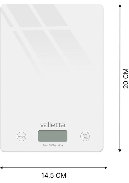 valletta Carioca Pil Hediyeli Dijital Cam Mutfak Tartısı 5 Kg Lcd Ekranlı Beyaz