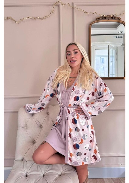Mor Aydede Desenli Termal Gecelik Sabahlıklı Kadın Pijama Takımı modelleri