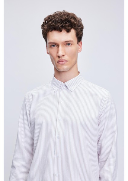 Kahverengi Comfort Fit Çizgili Pamuklu Düğmeli Yaka Uzun Kollu Casual Gömlek modelleri