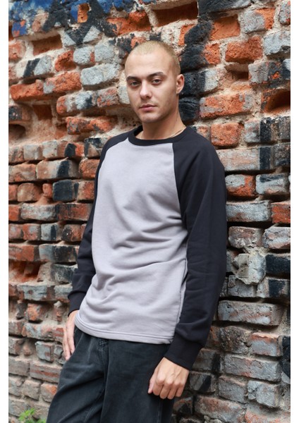 Erkek Reglan Kol Rahat Kesim Bisiklet Yaka Sweatshirt Siyah Antrasit Düz Basic