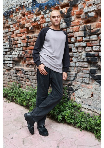 Erkek Reglan Kol Rahat Kesim Bisiklet Yaka Sweatshirt Siyah Antrasit Düz Basic indirimleri