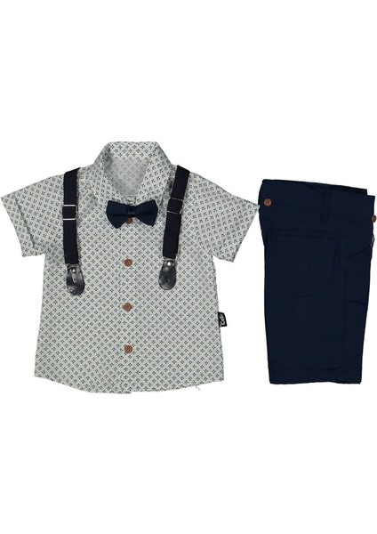 Erkek Çocuk Beyaz Desenli Gömlekli Laci Şortlu Papyonlu Askılı Takım