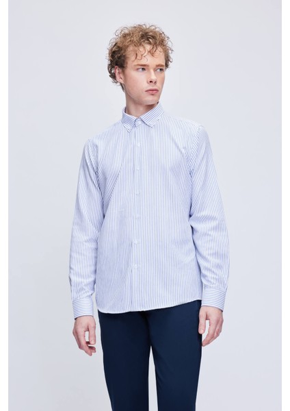 Mavi Comfort Fit Çizgili Pamuklu Düğmeli Yaka Uzun Kollu Casual Gömlek
