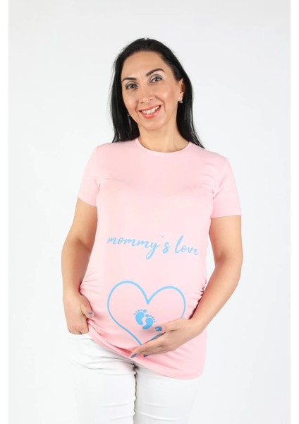 Hamile Mommy Love Tişört Mavi Baskılı