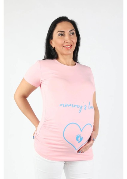 Hamile Mommy Love Tişört Mavi Baskılı