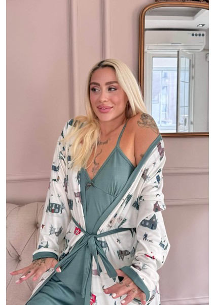 Beyaz Home Desenli Termal Gecelik Sabahlıklı Kadın Pijama Takımı modelleri