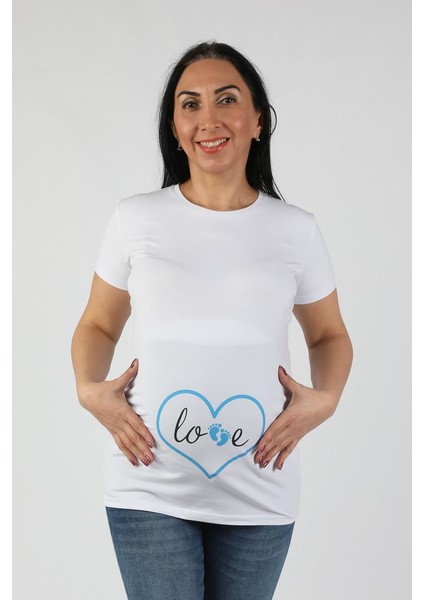 Hamile Love Tişört Mavi Baskılı