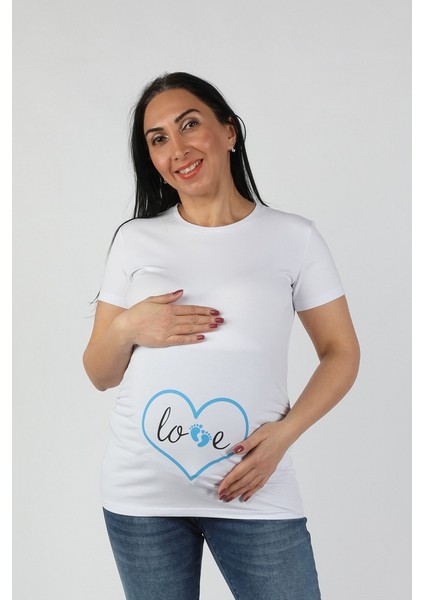 Hamile Love Tişört Mavi Baskılı