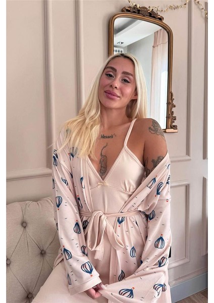 Ekru Balon Desenli Termal Gecelik Sabahlıklı Kadın Pijama Takımı fiyatları