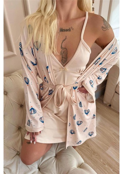 Ekru Balon Desenli Termal Gecelik Sabahlıklı Kadın Pijama Takımı indirimleri