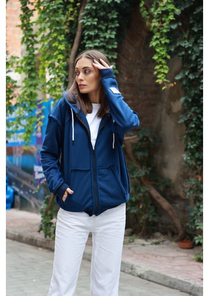 Kadın Saks Mavi Pis Dikiş Detaylı Oversize Sweatshirt