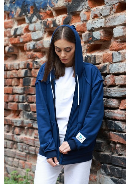 Kadın Saks Mavi Pis Dikiş Detaylı Oversize Sweatshirt