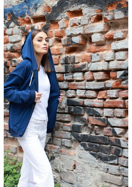 Kadın Saks Mavi Pis Dikiş Detaylı Oversize Sweatshirt