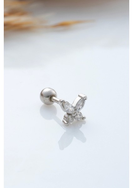 925 Ayar Kelebek Motifli Taşlı Minimal Tragus Piercing