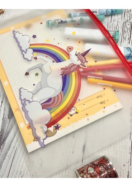 Şeffaf Tek Bölmeli Unicorn Desenli A4 Fermuarlı Dosya Klasörü / Belge Dosyası/düzenleyici Klasör