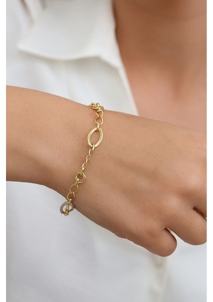 8 Ayar Altın İki Renkli Oval Hallow Bileklik