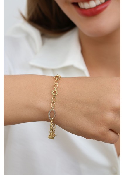 8 Ayar Altın İki Renkli Oval Hallow Bileklik modelleri