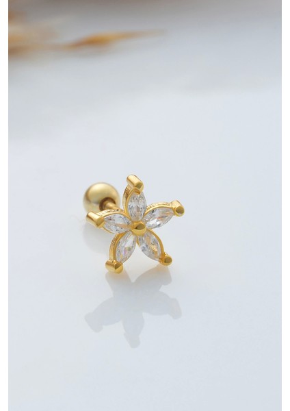 925 Ayar Markiz Taşlı Çiçek Motifli Minimal Tragus Piercing