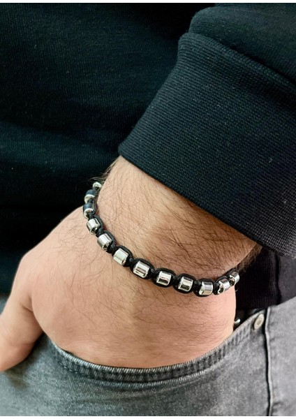 Silver Renk Hematit Makreme Örgü Ipli Unisex Bileklik