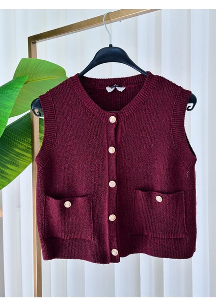 Asel Fashion Premium Muadil Bordo Triko Yelek Bordo