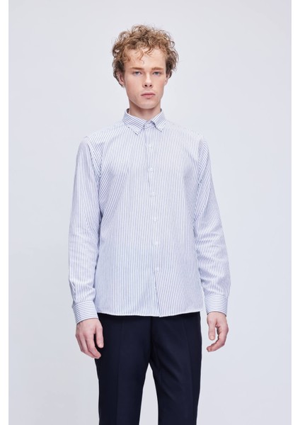 Siyah Comfort Fit Çizgili Pamuklu Düğmeli Yaka Uzun Kollu Casual Gömlek