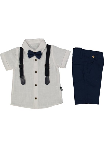 Erkek Çocuk Beyaz Keten Gömlekli Laci Şortlu Papyonlu Takım