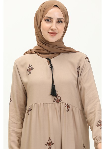Desenli Viskon Elbise 4083-08 Vizon modelleri