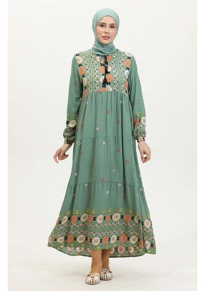 Nakış Desenli Elbise 4089-02 Mint Yeşili