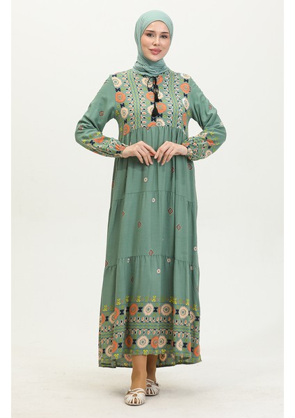 Nakış Desenli Elbise 4089-02 Mint Yeşili fiyatları