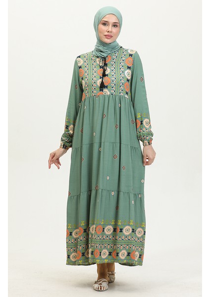 Nakış Desenli Elbise 4089-02 Mint Yeşili modelleri