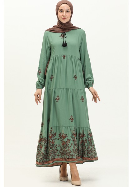 Desenli Viskon Elbise 4083-05 Çağla Yeşili