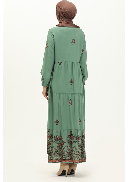 Desenli Viskon Elbise 4083-05 Çağla Yeşili indirimleri