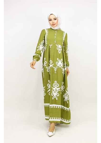 Çini Desen Elbise 4100-09 Yağ Yeşili