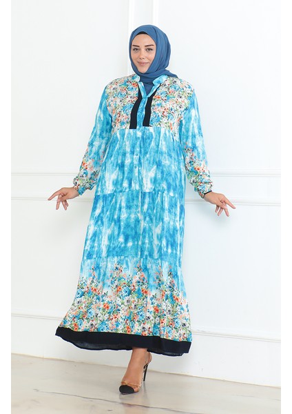 Büyük Beden Desenli Viskon Elbise 5071-03 Turkuaz
