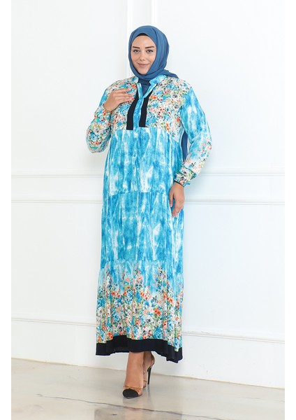 Büyük Beden Desenli Viskon Elbise 5071-03 Turkuaz fiyatları