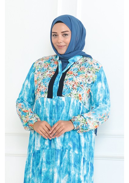 Büyük Beden Desenli Viskon Elbise 5071-03 Turkuaz modelleri