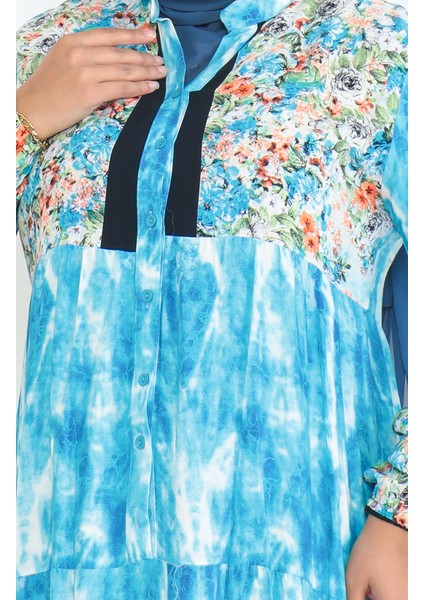 Büyük Beden Desenli Viskon Elbise 5071-03 Turkuaz fırsatları