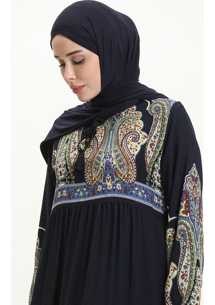 Desenli Viskon Elbise 4073-05 Lacivert